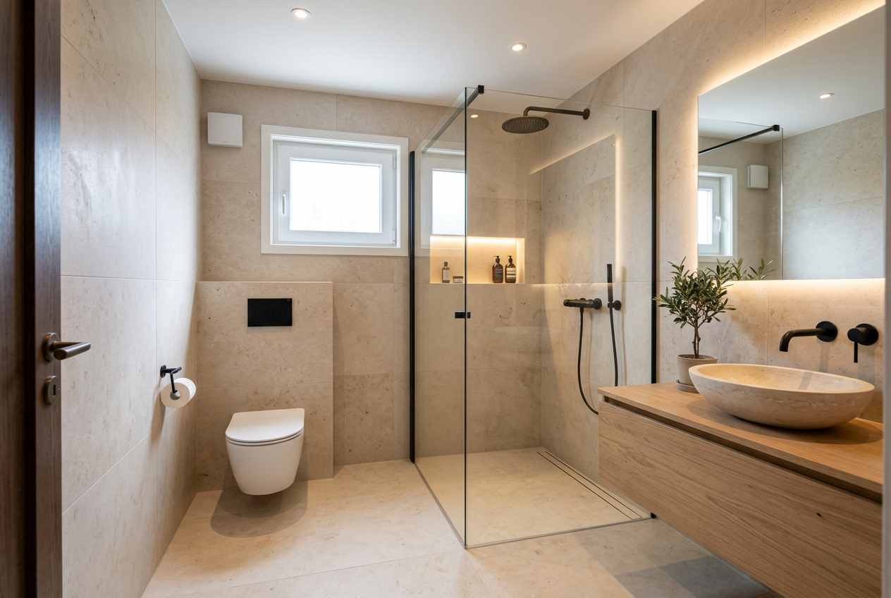 Det samme badet etter — eksklusivt FormaFlow-design med naturstein og eikeinnredning